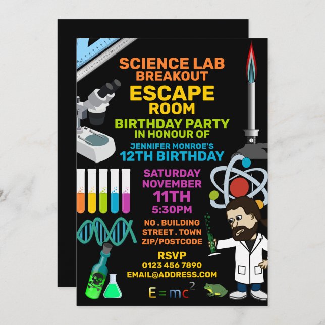 Invitation Science Lab Thème Escape Room, fête d'anniversaire (Devant / Derrière)