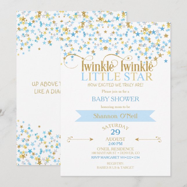 Invitation Scintille Petite Étoile Or & Bleu Bébé (Devant / Derrière)