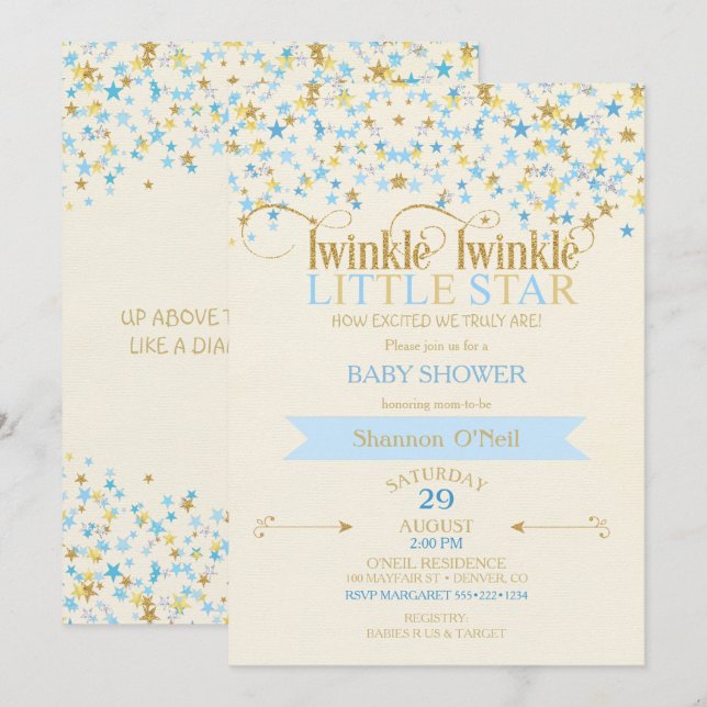 Invitation Scintille Petite Étoile Or & Or Bleu Bébé (Devant / Derrière)