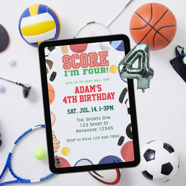 Invitation Score I'm Four, Sports 4th Birthday (Créateur téléchargé)