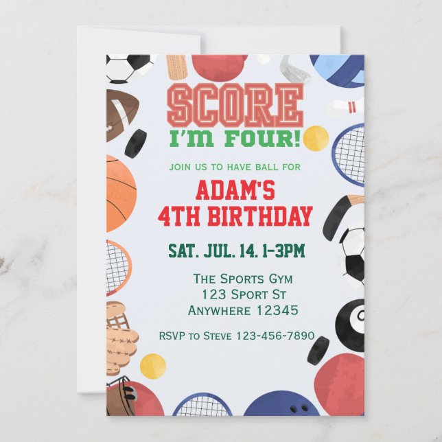 Invitation Score I'm Four, Sports 4th Birthday (Devant)