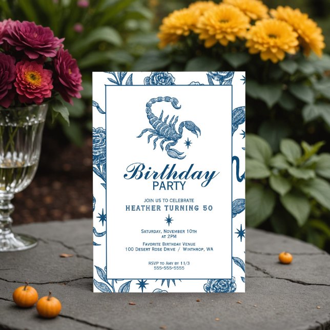 Invitation Scorpio Birthday Elegant Toile Scorpions Celestial (Scorpio birthday invite with hand-drawn toile stars, scorpions & roses in Delft blue.)