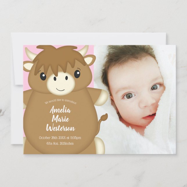 Invitation Scottish Highland Baby shower de vache rose (Devant)