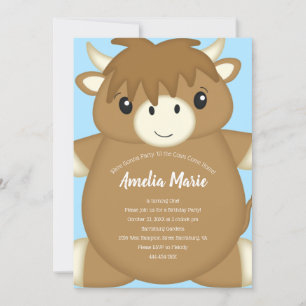Invitation Scottish Highland Cow Anniversaire Party Blue
