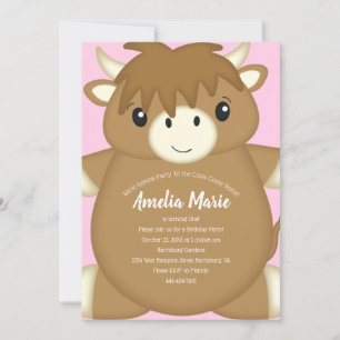 Invitation Scottish Highland Cow fête d'anniversaire rose