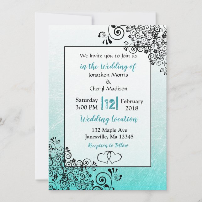 Invitation Scratchy Turquoise et noir Script de mariage Invit (Devant)