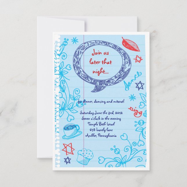 Invitation SCRIBBLES sur NOTEPAPER Bat Bat mitzvah Party Card (Devant)