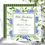 Invitation Script 70th Birthday Blue Hydrangeas<br><div class="desc">Cette hydrangée bleue 70e anniversaire invitation est fantasque et stupéfiant! Avec ses hydrangées bleues multicolores, sa verdure naturelle agitée et ses rayures vertes coordonnées, il est parfait pour votre bien-aimé qui a 70 ans. La police de script est moderne mais classique! En sélectionnant Personnalisez ce modèle et en tapant vos...</div>