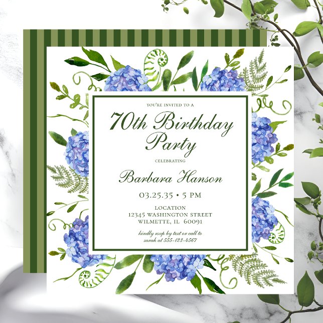 Invitation Script 70th Birthday Blue Hydrangeas (Créateur téléchargé)