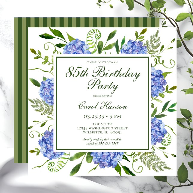 Invitation Script 85th Birthday Blue Hydrangeas (Créateur téléchargé)