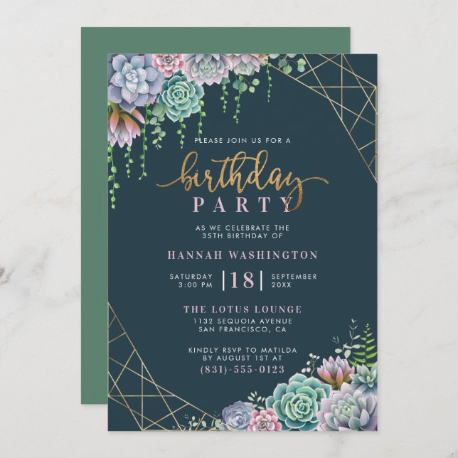 Invitation Script à la main et succulents fête d'anniversaire (Devant / Derrière)