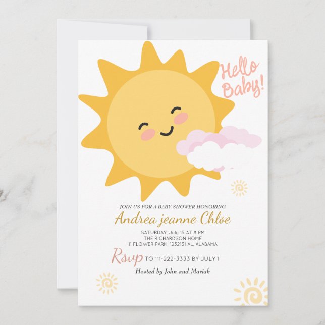 Invitation Script baby shower Sunshine Simple Moderne élégant (Devant)