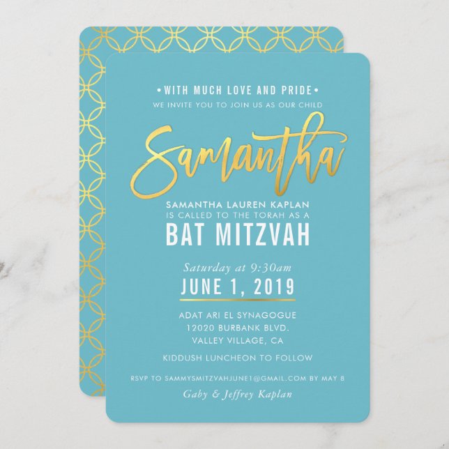 Invitation Script bat mitzvah en or blanc turquoise SAMANTHA (Devant / Derrière)