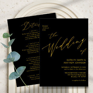 Invitation Script Black Gold Élégant Tout en un Mariage