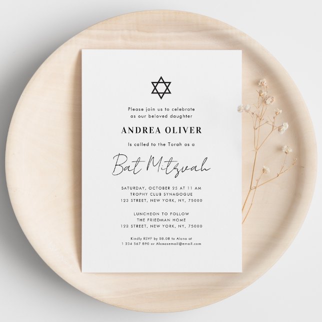 Invitation Script blanc minimaliste Bat mitzvah simple modern (Créateur téléchargé)