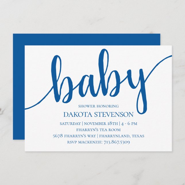 Invitation Script bleu simple | Baby shower fruité de Cérulea (Devant / Derrière)