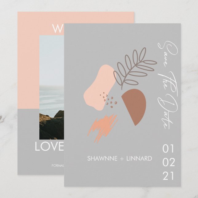 Invitation Script Boho Abstrait Enregistrer la date Photo Gre (Devant / Derrière)