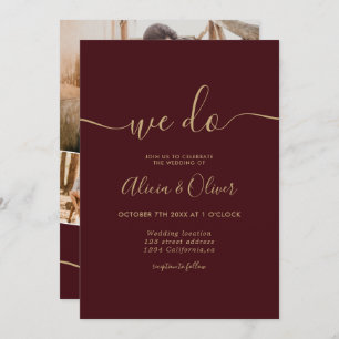 Invitation Script bordeaux moderne photo initiales mariage