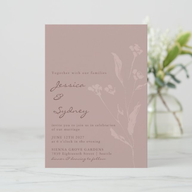 Invitation Script Botanique Chic Simple Mariage Dusty Mauve (Debout devant)