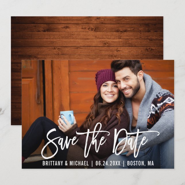 Invitation Script Brosse Moderne Enregistrer La Date Photo Ca (Devant / Derrière)