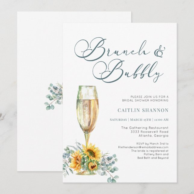 Invitation Script Brunch et Bubbly Fête de Mariage Tournesol  (Devant / Derrière)