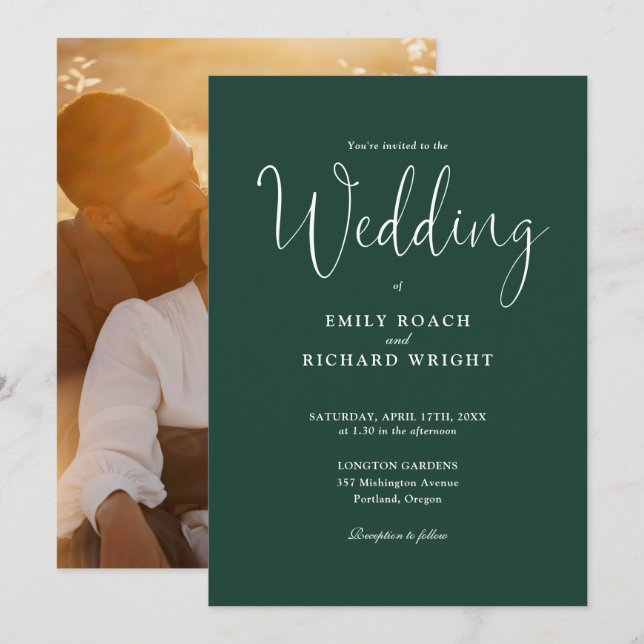 Invitation Script Calligraphie Photo Emerald Green Mariage (Devant / Derrière)