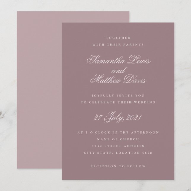 Invitation Script classique élégant violet mauve Mariage (Devant / Derrière)