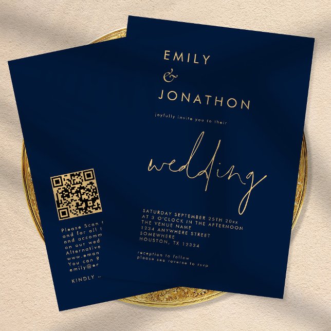 Invitation Script classique QR Code Marine Mariage or (Créateur téléchargé)