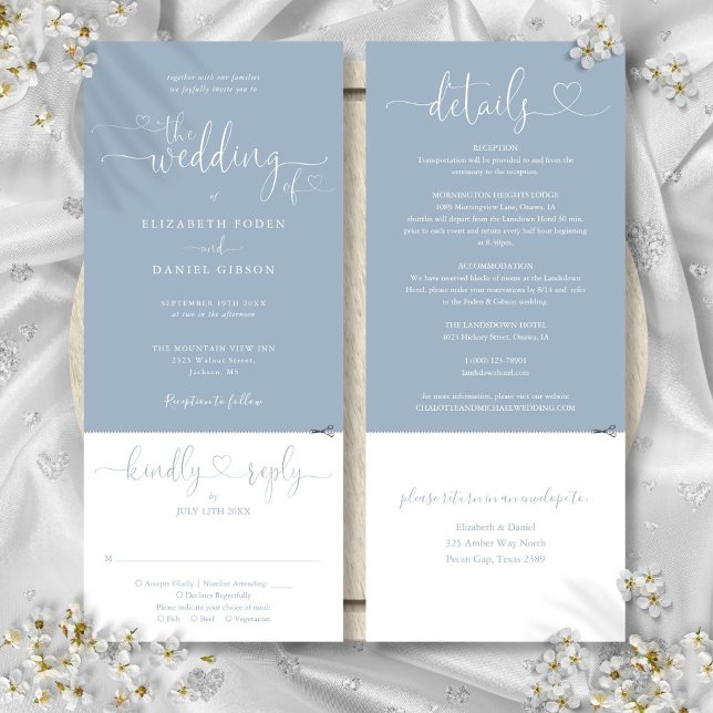Invitation Script Coeur Dusty Bleu Tout en un Mariage (Heart Script Dusty Blue All In One Wedding Invitation)