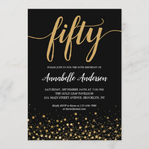 Invitation Script Confetti Black Gold élégant pour 50e annive