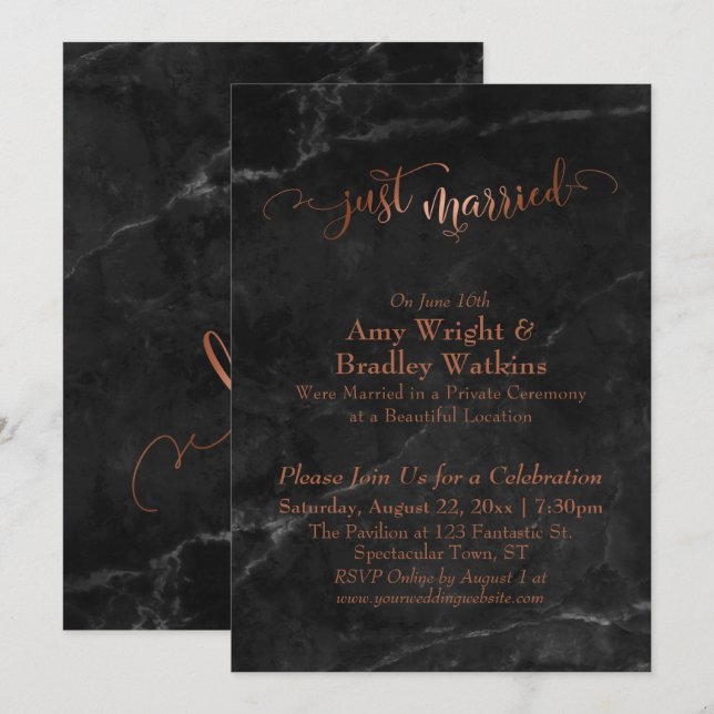 Invitation Script Copper Just Married sur Marbre Noir (Devant / Derrière)