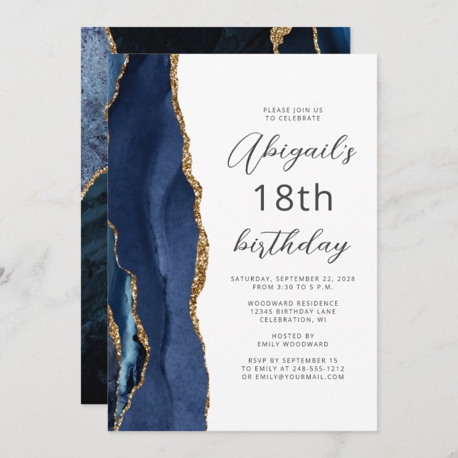 Invitation Script d'agate bleu marine or 18e anniversaire (Devant / Derrière)