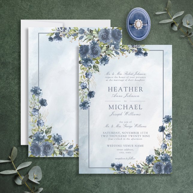 Invitation Script d'aquarelle classique bleu bleu bleu or (Créateur téléchargé)
