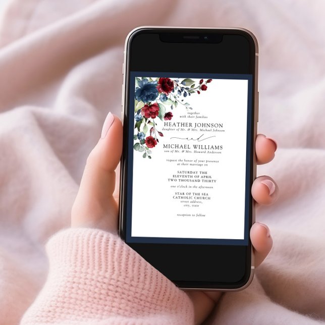 Invitation Script d'aquarelle florale bleu Bourgogne de la ma (Créateur téléchargé)