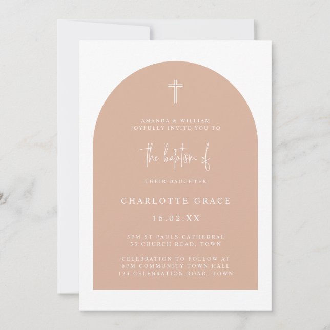 Invitation Script d'arc moderne rose vif Baptême minimaliste  (Devant)