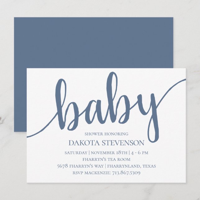 Invitation Script d'ardoise simple | Baby shower bleu Dusty D (Devant / Derrière)