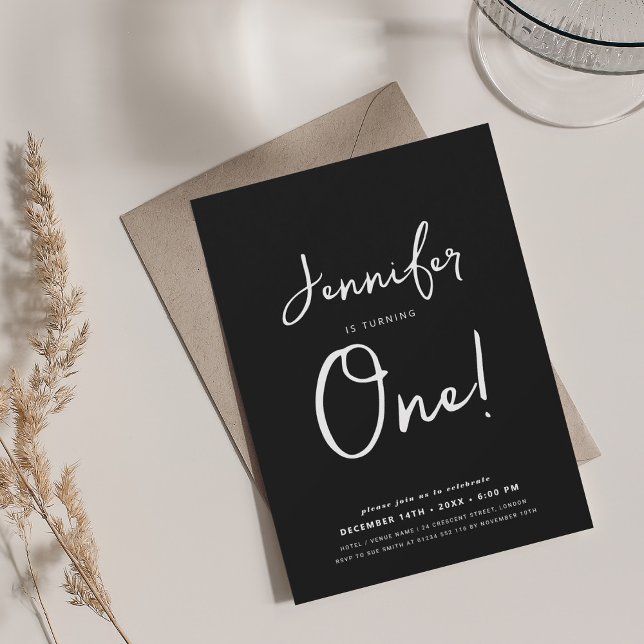 Invitation Script de 1er anniversaire minimal moderne noir (Modern Minimal 1st Birthday Script Black Invitation)