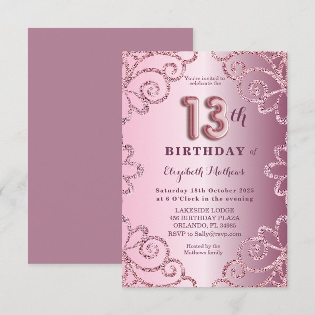 Invitation Script de ballon en glitter rose pour 13e annivers (Devant / Derrière)