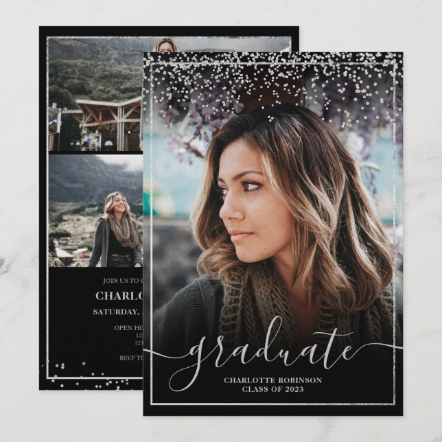 Invitation Script de bordure en confetti d'argent (Devant / Derrière)