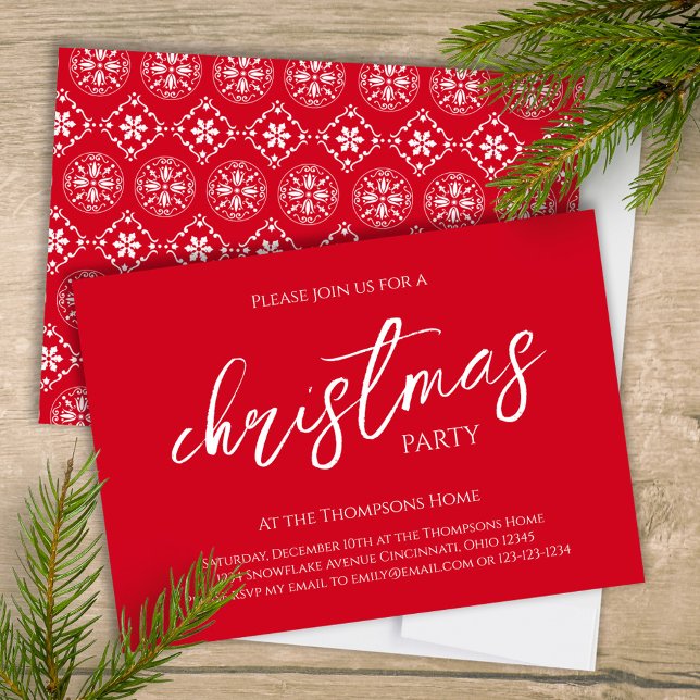 Invitation Script de calligraphie de Noël Motif de flocon rou (Christmas holiday party red and white snowflake pattern and stylish calligraphy invitation. )