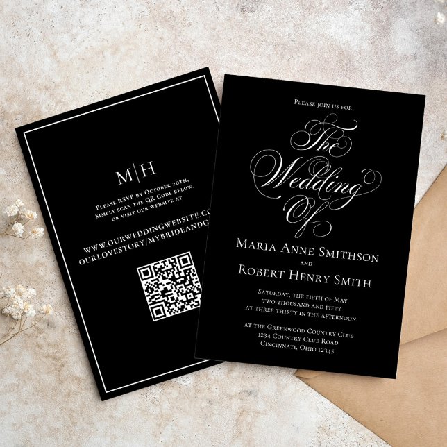 Invitation Script de calligraphie élégant noir et blanc Forme (Elegant Black and White wedding invitation with stylish calligraphy script. )