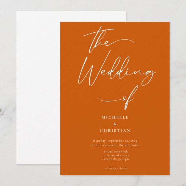 Invitation Script de calligraphie minimale brûlé Mariage oran (Devant / Derrière)