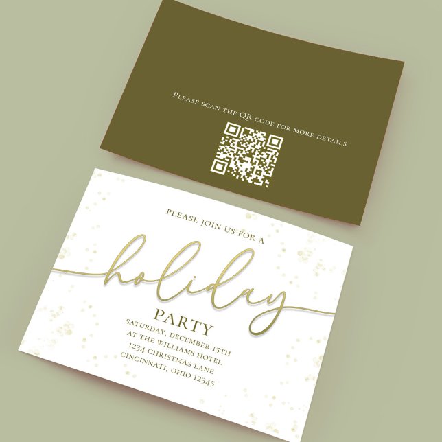 Invitation Script de calligraphie or de vacances Code QR simp (Holiday party gold gradient calligraphy script invitation. With a scannable QR Code.)