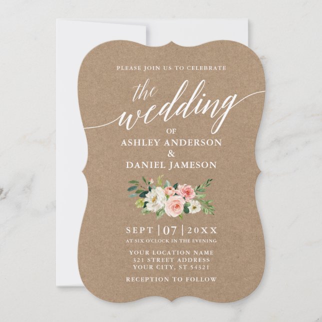 Invitation Script de calligraphie rose blanc Mariage floral K (Devant)