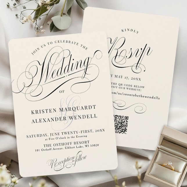 Invitation Script de calligraphie vintage Élégant Mariage ivo (Elegant vintage ivory cream and black ornate swirl calligraphy script wedding invitation QR code)