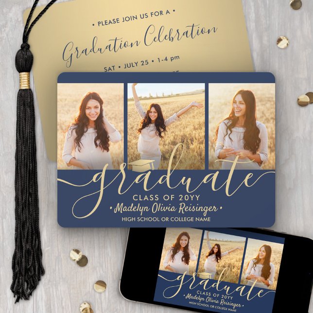 Invitation Script de collage photo 3 Navy or Graduation Party (Créateur téléchargé)