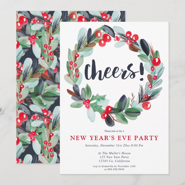 Invitation Script de couronne d'aquarelle moderne veille de l (Devant / Derrière)