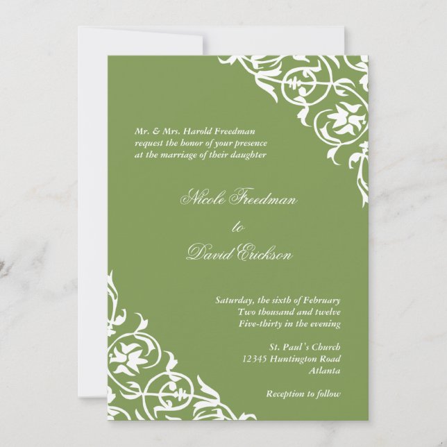 Invitation Script de défilement Kiwi green corner mariage élé (Devant)