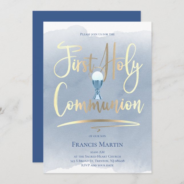Invitation Script de feuille d'or FAUX | Première communion (Devant / Derrière)