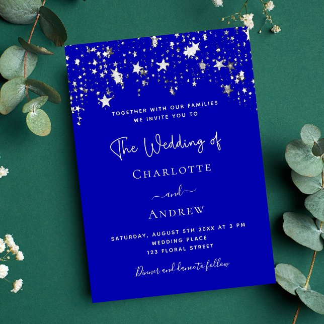 Invitation Script de luxe Royal blue silver stars mariage (Créateur téléchargé)